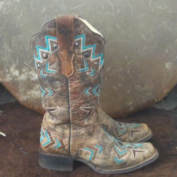 CORRAL E1024 Brown/turquoise aztec distressed cowgirl boots square toe sz 7.5 - Picture 6 of 16